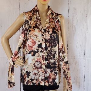 Floral Textured Print Neck Tie Sleeveless Blouse